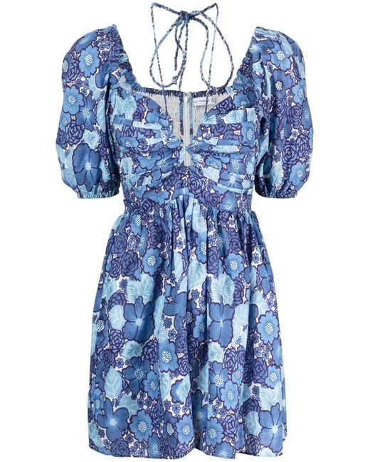 Faithfull The Brand Blue Odelia Floral-Print Linen Dress