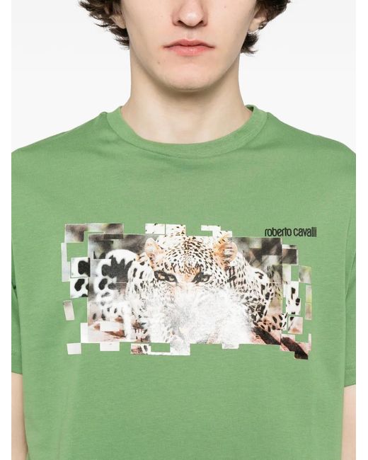 Roberto Cavalli Green Graphic-Print Cotton T-Shirt for men