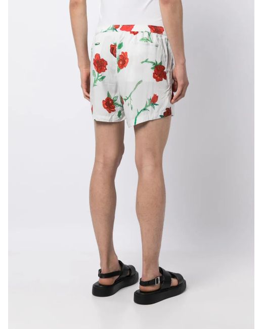 Endless Joy White Elasticated-Waistband Rose-Print Shorts for men