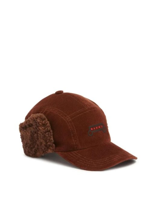 Marni Brown Corduroy Fur-Trimmed Cap for men