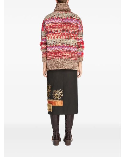 Dries Van Noten Red Jacquard Wool Cardigan