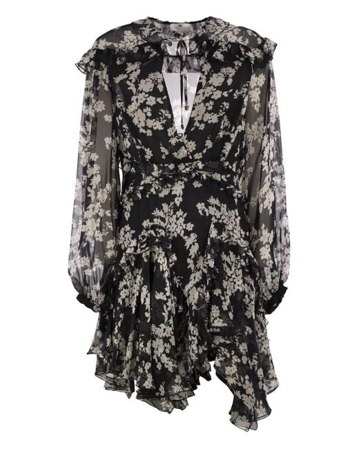 Elisabetta Franchi Black Printed Silk Voile Dress With Ruffles