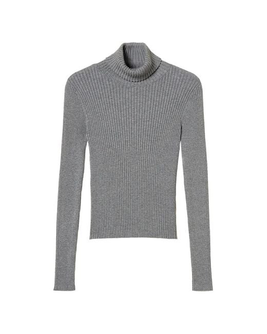 Twinset Gray Ribbed-Knit Roll-Neck Jumper
