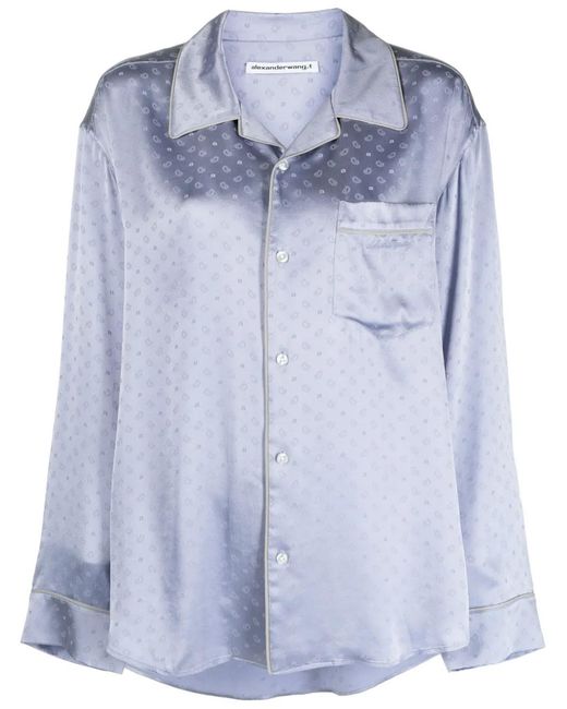 Alexander Wang Blue Logo-Embroidered Silk-Jacquard Shirt