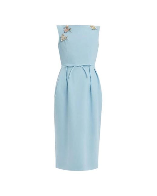 Erdem Blue Floral-Brooches Pencil Dress