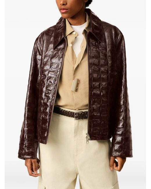 AMI Brown Crocodile Embossed Cowhide Leather Zipped Jacket
