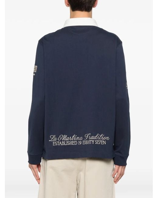 La Martina Blue Logo-Patch Long-Sleeve Polo Shirt for men