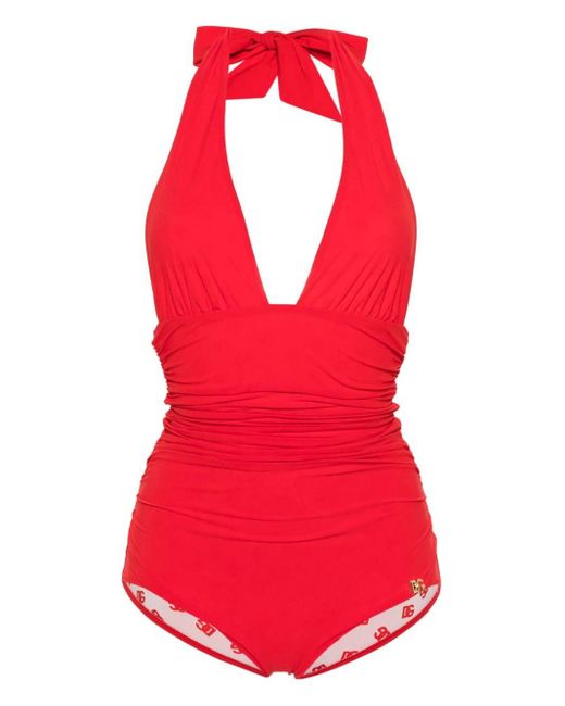 Dolce & Gabbana Red Plunging V-neck Swimsuit