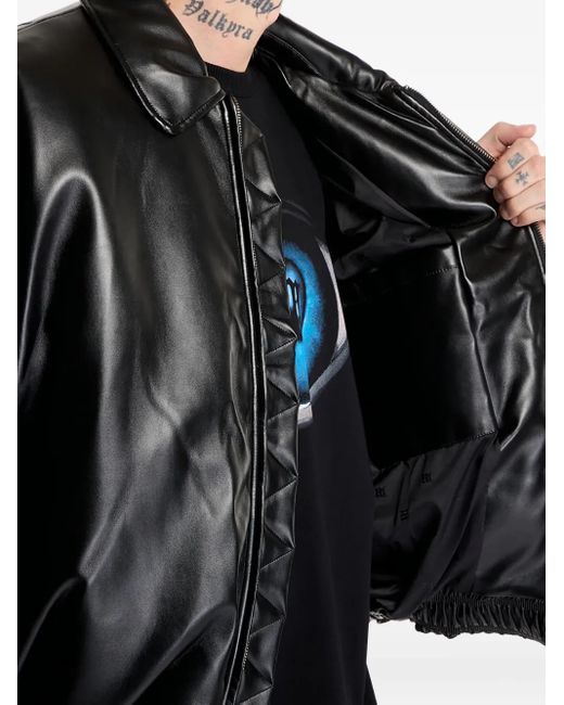 M I S B H V Black Faux-Leather Puffer Bomber Jacket for men