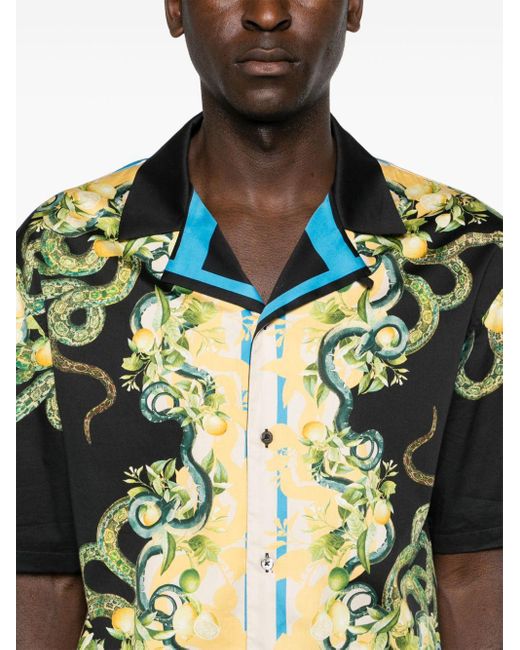 Roberto Cavalli Black Lemon And Snake-print Bowling Shirt for men