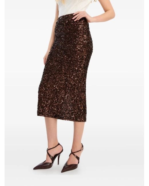 ROTATE BIRGER CHRISTENSEN Brown Sequin-Embellished Midi Pencil Skirt