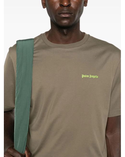 Palm Angels Green Embroidered-Logo Cotton T-Shirt for men