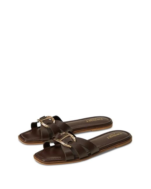 Twinset Brown Logo-Buckle Slides