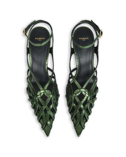 Balmain Green Python-Effect Cage Sandals