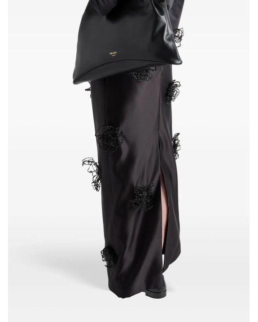 Prada Black Embroidered Satin Maxi Skirt
