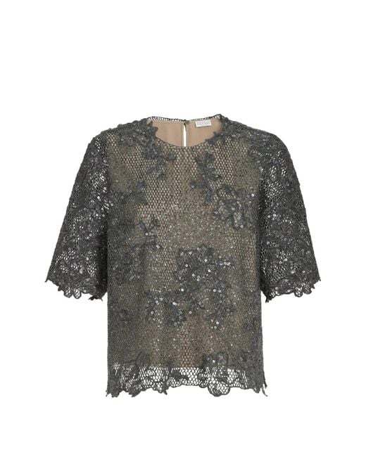 Brunello Cucinelli Gray Dazzling Lace-Embroidery T-Shirt