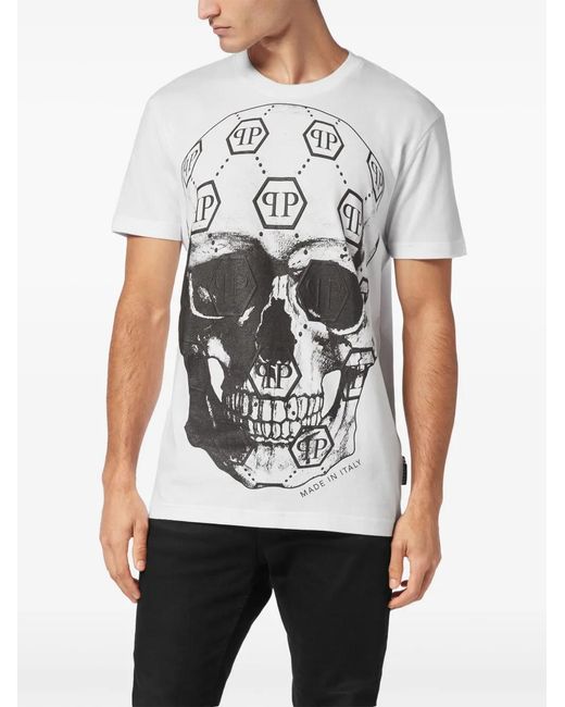 Philipp Plein White Skull-Print Round-Neck T-Shirt for men