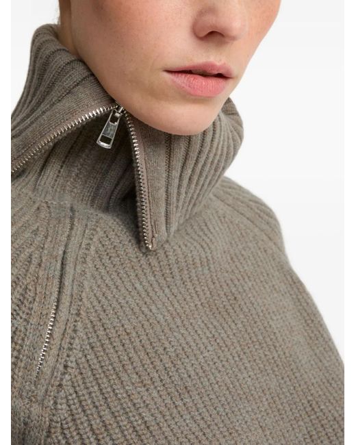 Yves Salomon Brown Zip-Neck Ribbed Sweater