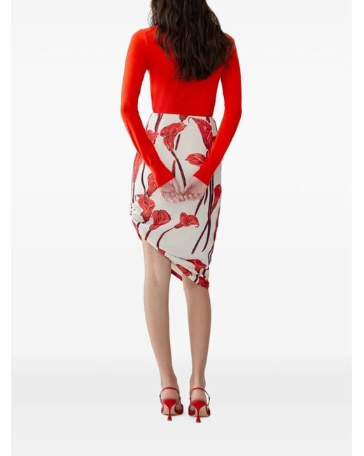 Carolina Herrera White Calla Lily-Print Asymmetric Midi Skirt