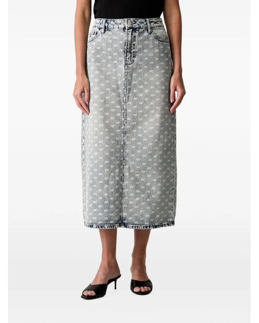 ARMANI EXCHANGE Gray Monogram-Print Denim Midi Skirt