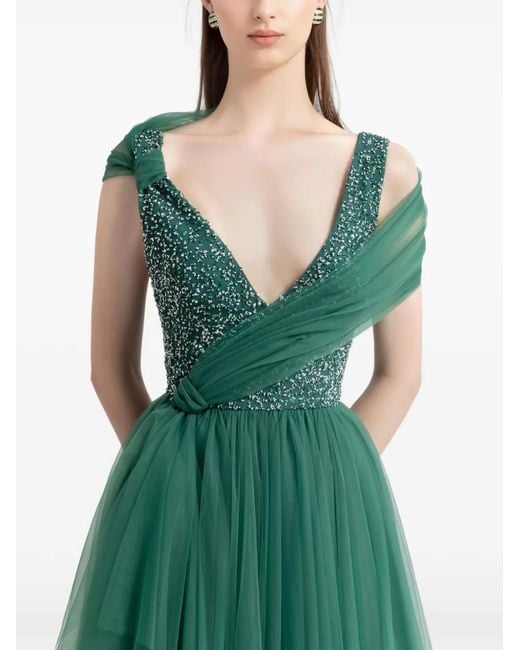 Gemy Maalouf Green Beaded-Bodice Tulle Dress