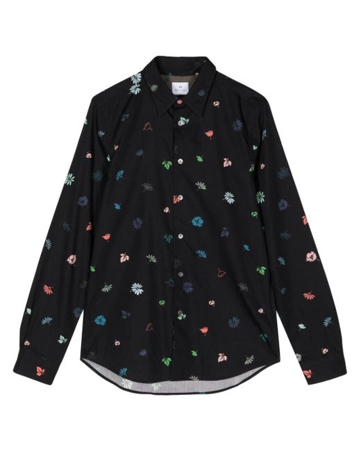 PS by Paul Smith Black Floral-print Organic Cotton Shirt for men
