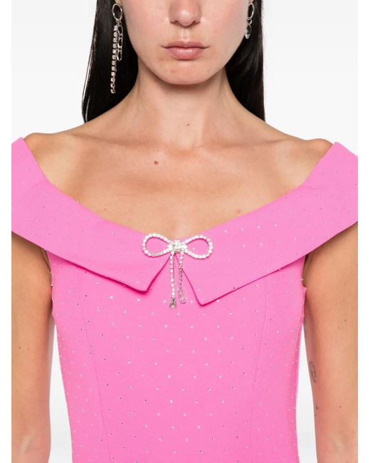 Nissa Pink Bow-Embellished Off-Shoulder Midi Dress