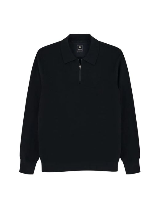 Boggi Black Knitted Polo Shirt Quarter-Zip Wool Blend Wooltech for men