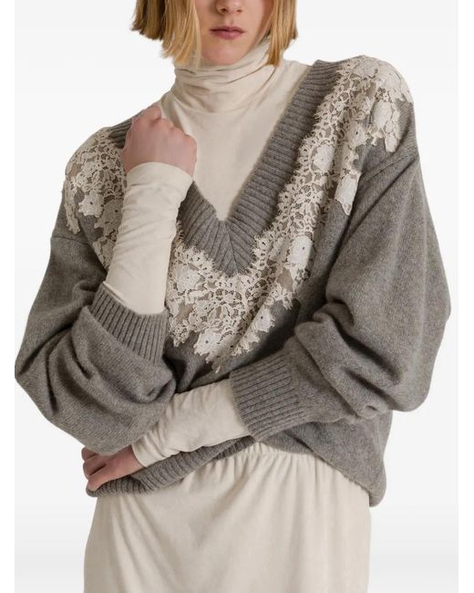 Alberta Ferretti Gray Lace Cashmere Sweater
