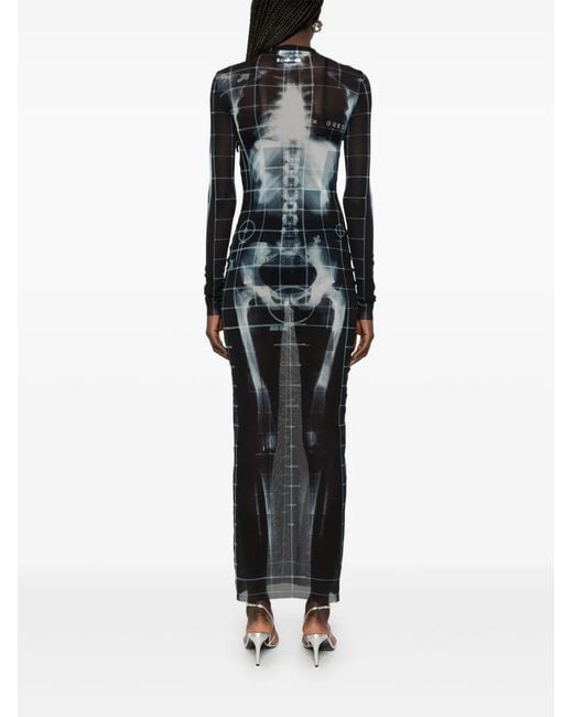 Jean Paul Gaultier Blue Skeleton-Print Long-Sleeves Woven Maxi Dress