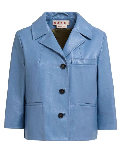 Marni Blue Cropped-sleeve Goatskin Leather Jacket