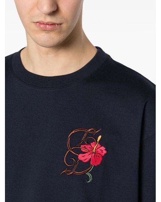 Drole de Monsieur Blue T-Shirt À Motif Hibiscus Brodé for men