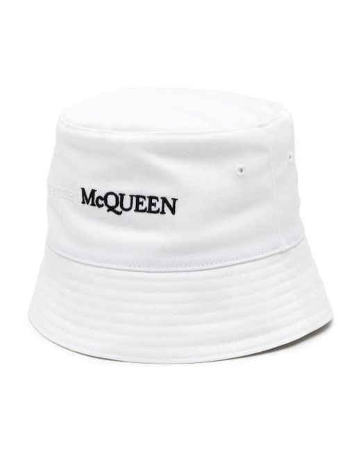 Alexander McQueen White Logo-embroidered Bucket Hat for men