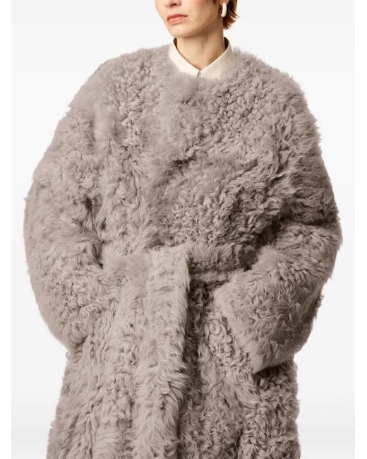 AMI White Shearling Belted Coat