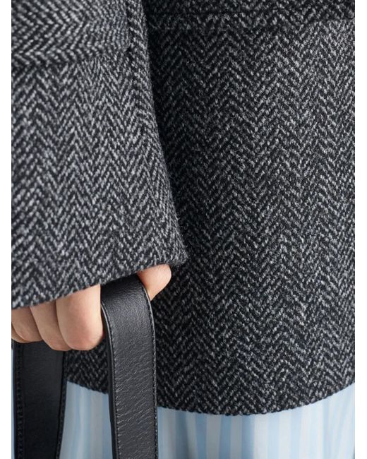 Prada Gray Herringbone Shearling-Collar Double-Breasted Coat