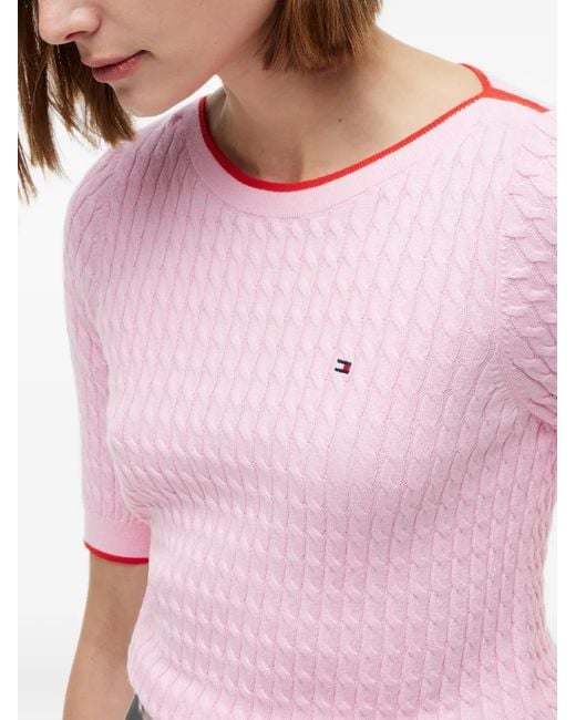 Tommy Hilfiger Pink Cable-Knit Short-Sleeve Sweater