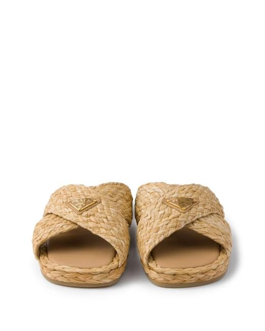 Prada Brown Raffia Criss Cross Slide