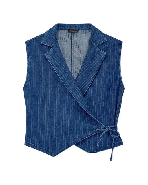 Emporio Armani Blue Pinstriped Denim Wrap Waistcoat With Lapels And A Side Tie