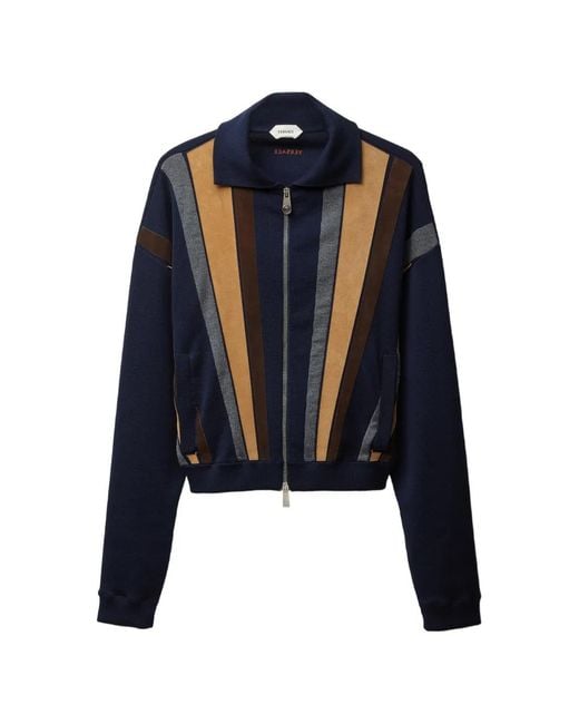 Versace Blue Intarsia Wool & Leather Patchwork Zip Jacket for men