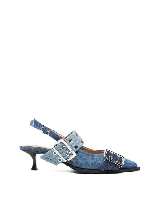 Ganni Blue Buckle-Detail Denim Pumps