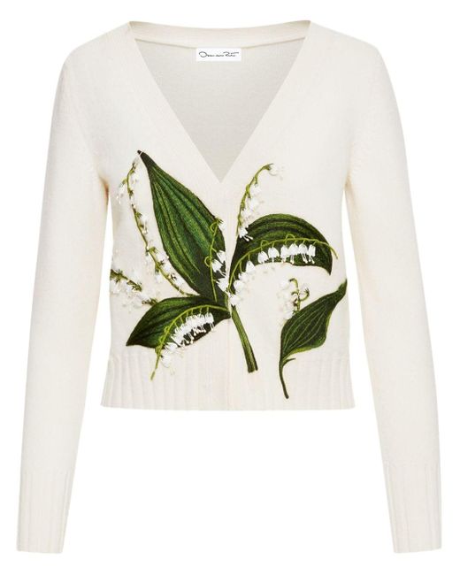 Oscar de la Renta White Floral-embroidered Fine-knit Cardigan