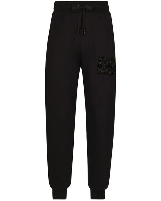 Dolce & Gabbana Black Crystal-Embellished Cotton Track Pants for men