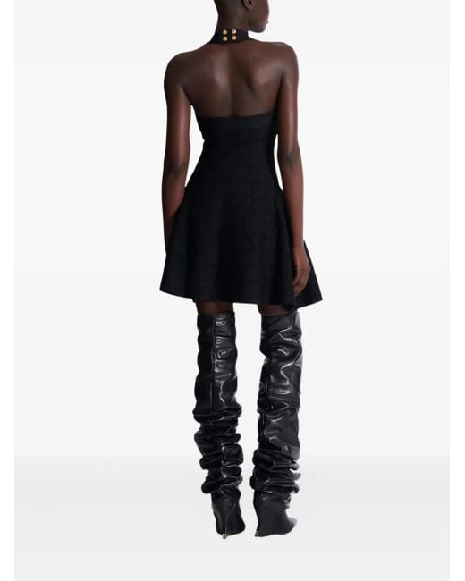 Balmain Black Ärmelloses Faltenkleid Mit Krokomuster