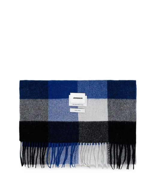 Adererror Blue Check-Pattern Fringed Scarf for men