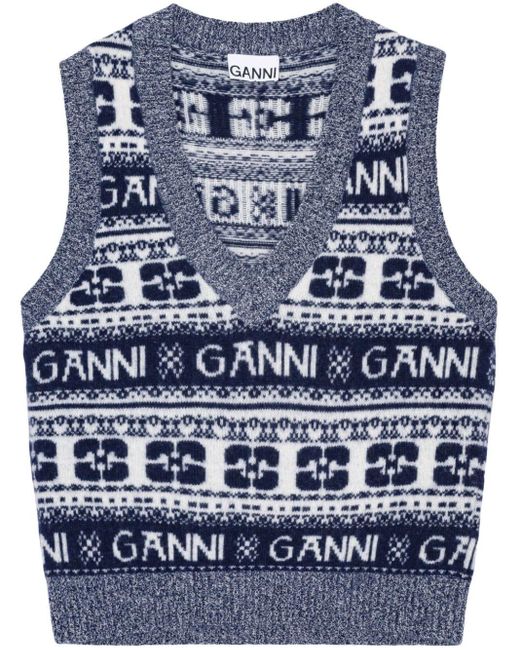 Ganni Blue Logo-intarsia Vest - Women's - Recycled Polyamide/wool/recycled Wool