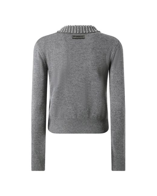 Pinko Gray Rhinestone-Collared Sweater