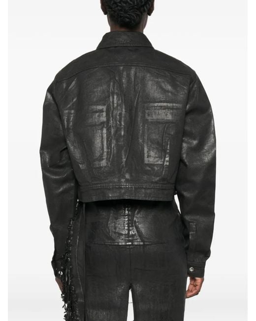Rick Owens Black Cape-Sleeve Cropped Denim Jacket