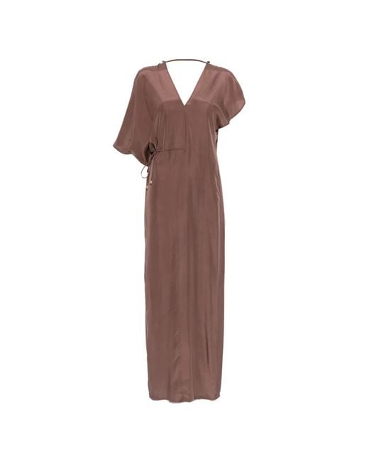 Alysi Brown Drawstring V-Neck Maxi Dress