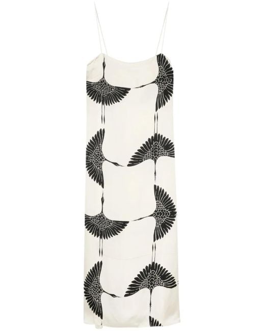 KHAITE Cream Bird Print Midi Dress in White | Lyst
