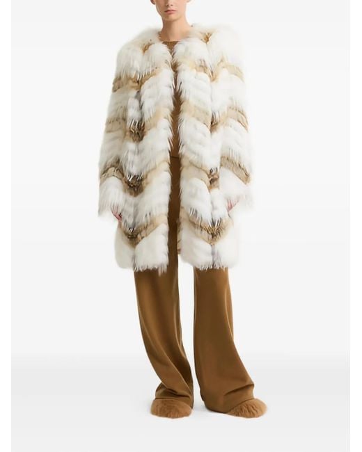 Yves Salomon Natural Chevron-Pattern Belted Coat